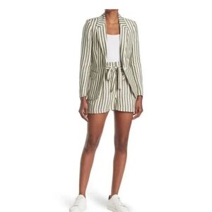 L’AGENCE Alex Paperbag Belted Linen Shorts Green White Stripe